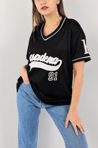 Siyah V Yaka Baskılı Oversize Tişört 110543