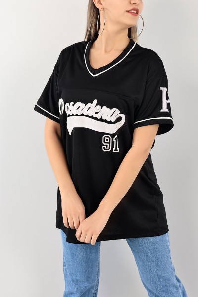 Siyah V Yaka Baskılı Oversize Tişört 110543