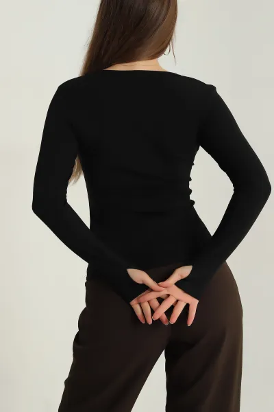 Siyah V Yaka Baskılı Oysho Kadın Bluz 406730