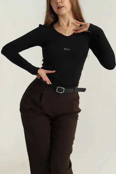 Siyah V Yaka Baskılı Oysho Kadın Bluz 406730