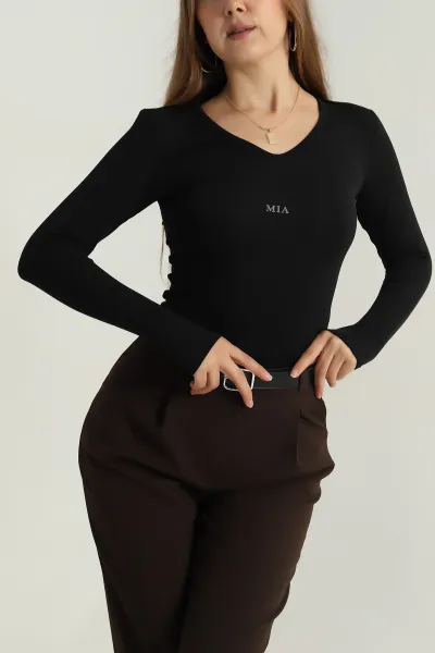 Siyah V Yaka Baskılı Oysho Kadın Bluz 406730