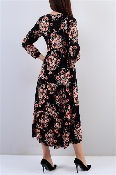 Siyah V Yaka Bayan Çiçek Desenli Elbise 16014B