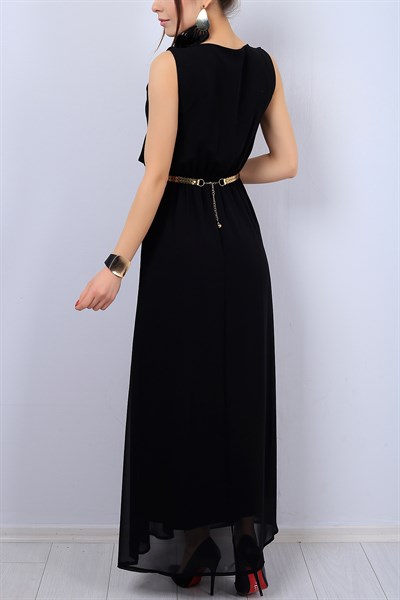 Siyah V Yaka Bayan Kemerli Şifon Elbise 12339B