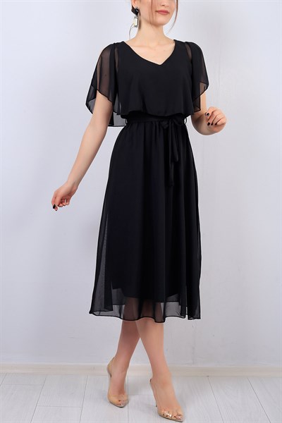 Siyah V Yaka Bayan Şifon Elbise 14714B