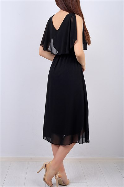 Siyah V Yaka Bayan Şifon Elbise 14714B