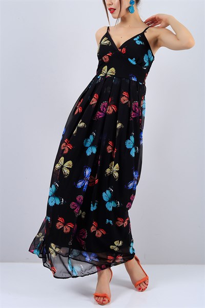 Siyah V Yaka Bayan Şifon Elbise 15129B