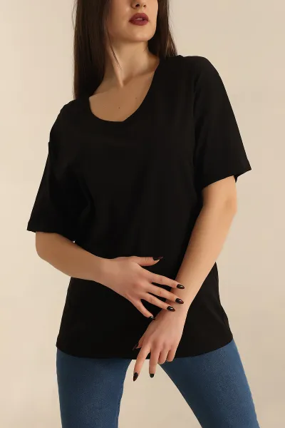 Siyah V Yaka Bayan Tişört 245508