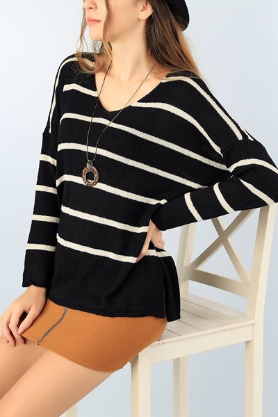 Siyah V Yaka Bayan Triko Kazak 41351