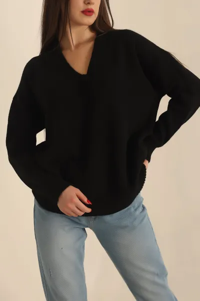 Siyah V Yaka Bayan Yün Kazak 234128