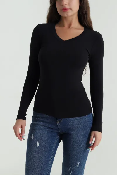 Siyah V Yaka Buzzy Kadın Bluz 484300
