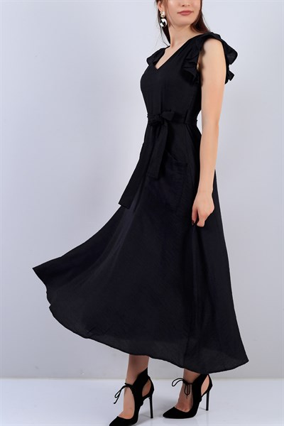 Siyah V Yaka Cep Detay Bayan Elbise 15112B