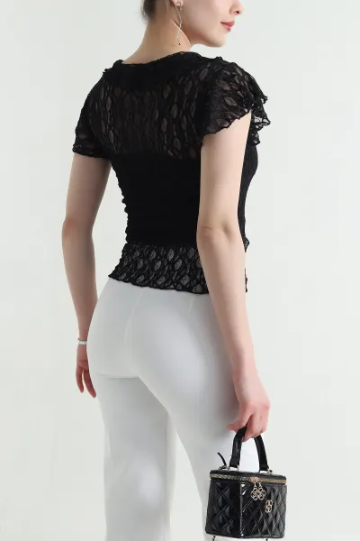 Siyah V Yaka Dantelli Tül Bluz 454059