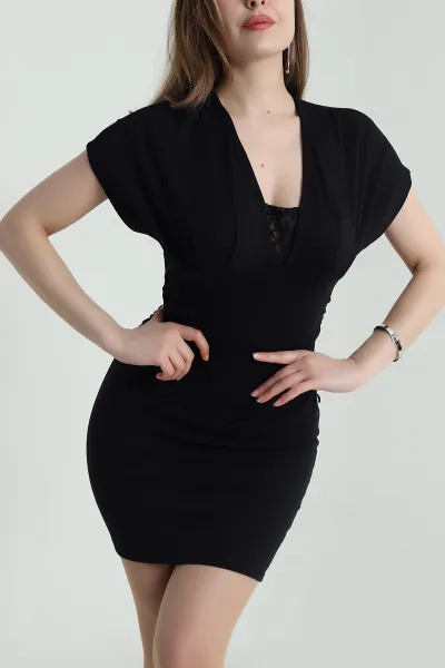 Siyah V Yaka Dantelli Viskon Kadın Bluz 458780