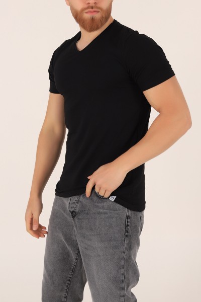 Siyah V Yaka Basic Erkek Tişört 169564