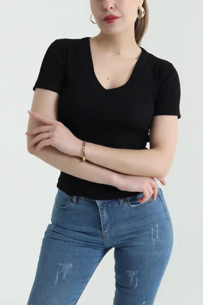 Siyah V Yaka Fitilli Kadın Bluz 441325