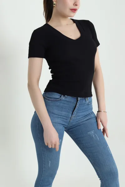 Siyah V Yaka Fitilli Kadın Bluz 441325
