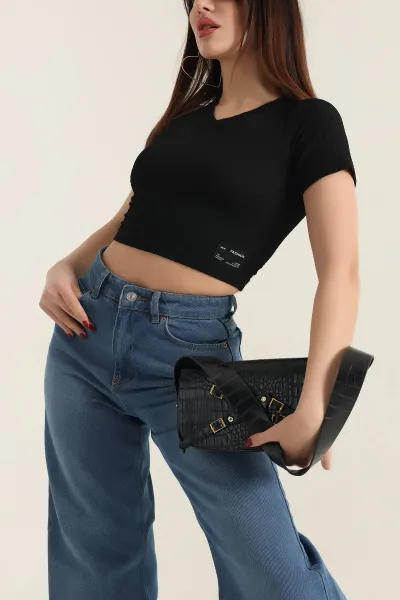 Siyah V Yaka Gofre Crop Bluz 337381