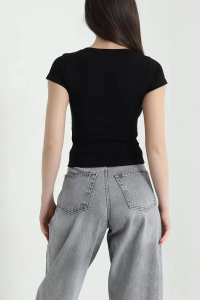 Siyah V Yaka Kısa Kol Kadın Body 439578