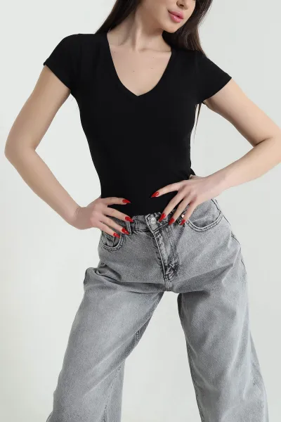 Siyah V Yaka Kısa Kol Kadın Body 439578
