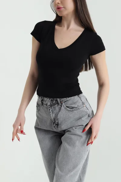 Siyah V Yaka Kısa Kol Kadın Body 439578