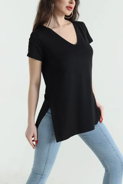 Siyah V Yaka Sandy Kadın Tişört 441232