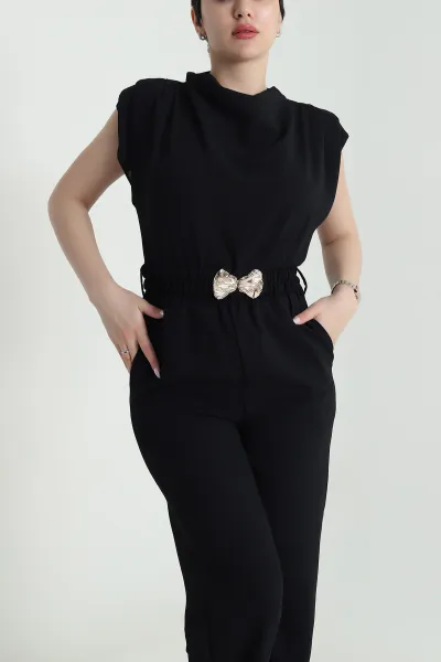 Siyah Vatkalı Beli Lastikli Kadın Crep Tulum 461095