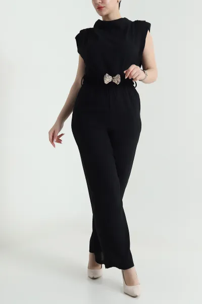 Siyah Vatkalı Beli Lastikli Kadın Crep Tulum 461095