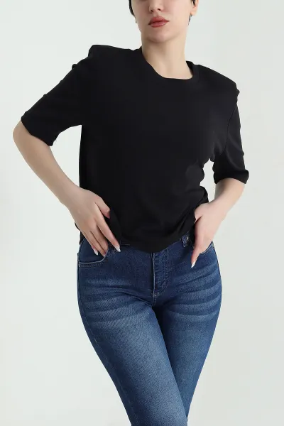 Siyah Vatkalı Bisiklet Yaka Süprem Kadın Tişört 447236