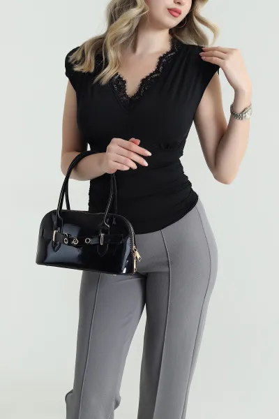 Siyah Vatkalı Dantelli Kadın Sandy Bluz 465555