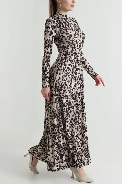 Siyah Vatkalı Leopar Desen Kadın Elbise 496430