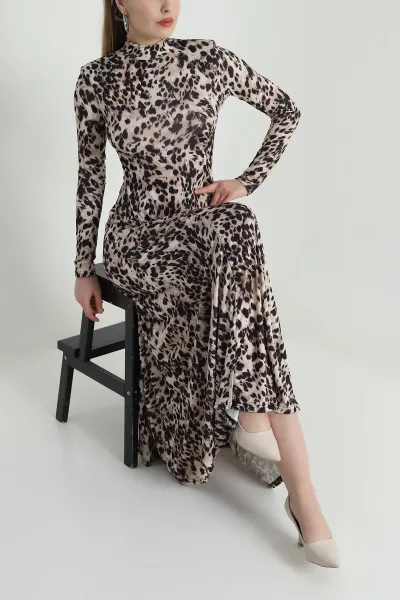 Siyah Vatkalı Leopar Desen Kadın Elbise 496430