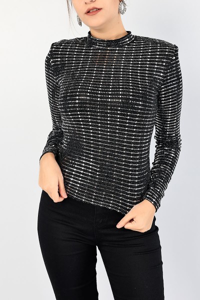Siyah Vatkalı Pul İşlemeli Bluz 85231