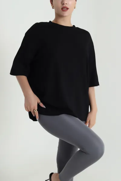 Siyah Vatkalı Sırtı Taşlı Kalp Viskon Kadın Tişört 483174