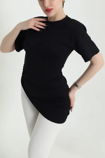 Siyah Vatkalı Yanı Büzgülü Modal Kadın Bluz 451616