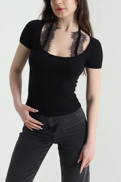 Siyah Viskon Dantelli Kadın Bluz 452989