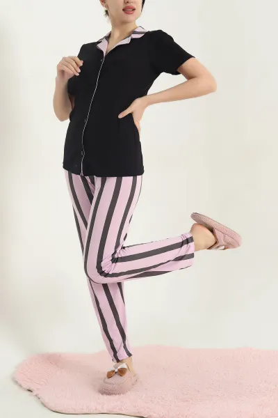 Siyah Viskon Düğmeli Kadın Pijama Takımı 341723