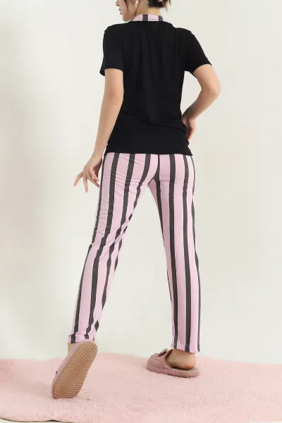 Siyah Viskon Düğmeli Kadın Pijama Takımı 341723