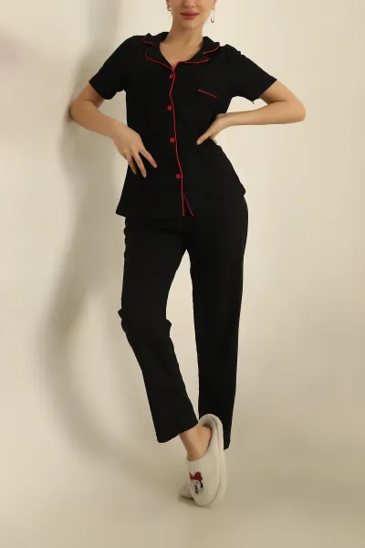 Siyah Viskon Düğmeli Fitilli Pijama Takımı 251555