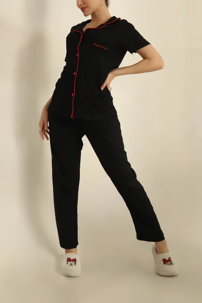 Siyah Viskon Düğmeli Fitilli Pijama Takımı 251555