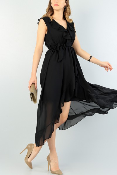 Siyah Volanlı Kemerli Şifon Elbise 62456