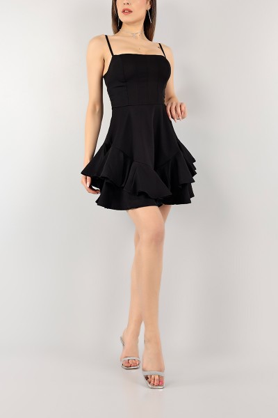 Siyah Volanlı Tasarım Destekli Elbise 104392