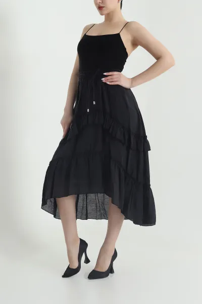 Siyah Volanlı Tencel Kadın Etek 443045
