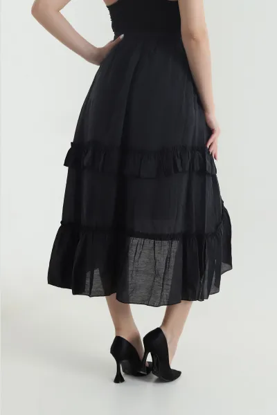 Siyah Volanlı Tencel Kadın Etek 443045