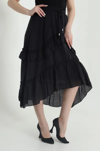 Siyah Volanlı Tencel Kadın Etek 443045