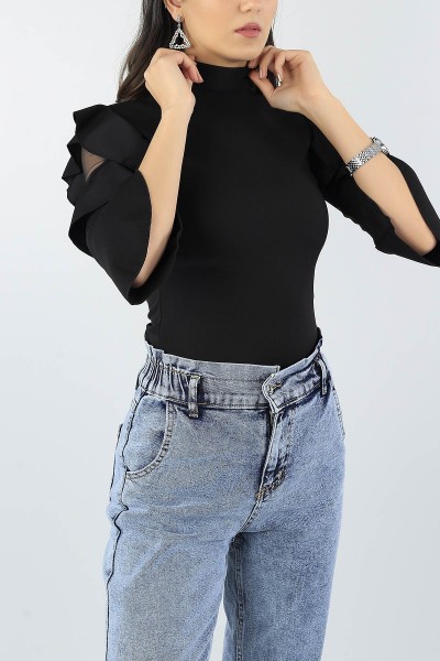 Siyah Volanlı Tül Detay Bluz 54144