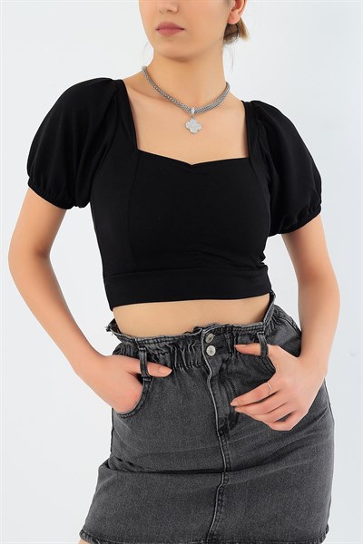 Siyah Yaka Detay Crop Bluz 30592
