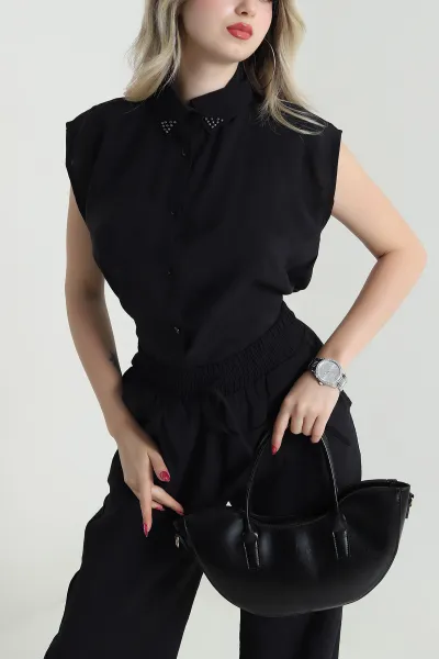 Siyah Yaka İncili Tencel Kadın İkili Takım 475220