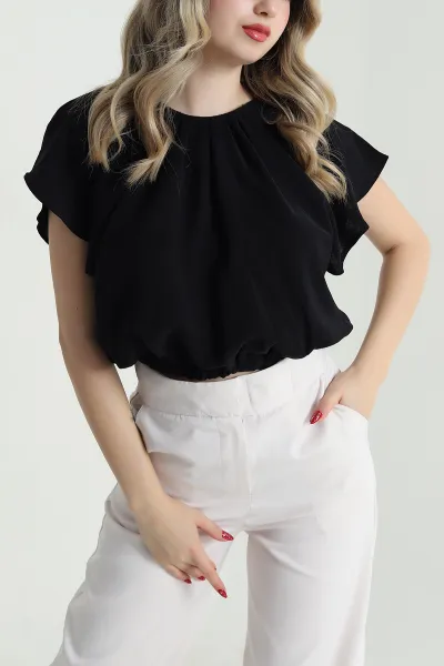 Siyah Yaka Pileli Beli Lastikli Kadın Bluz 473703