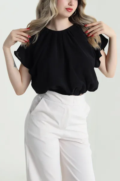 Siyah Yaka Pileli Beli Lastikli Kadın Bluz 473703