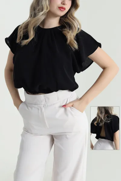 Siyah Yaka Pileli Beli Lastikli Kadın Bluz 473703